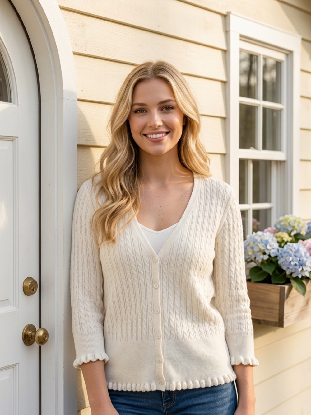 Pria White Cable Knit Cardigan Women Large